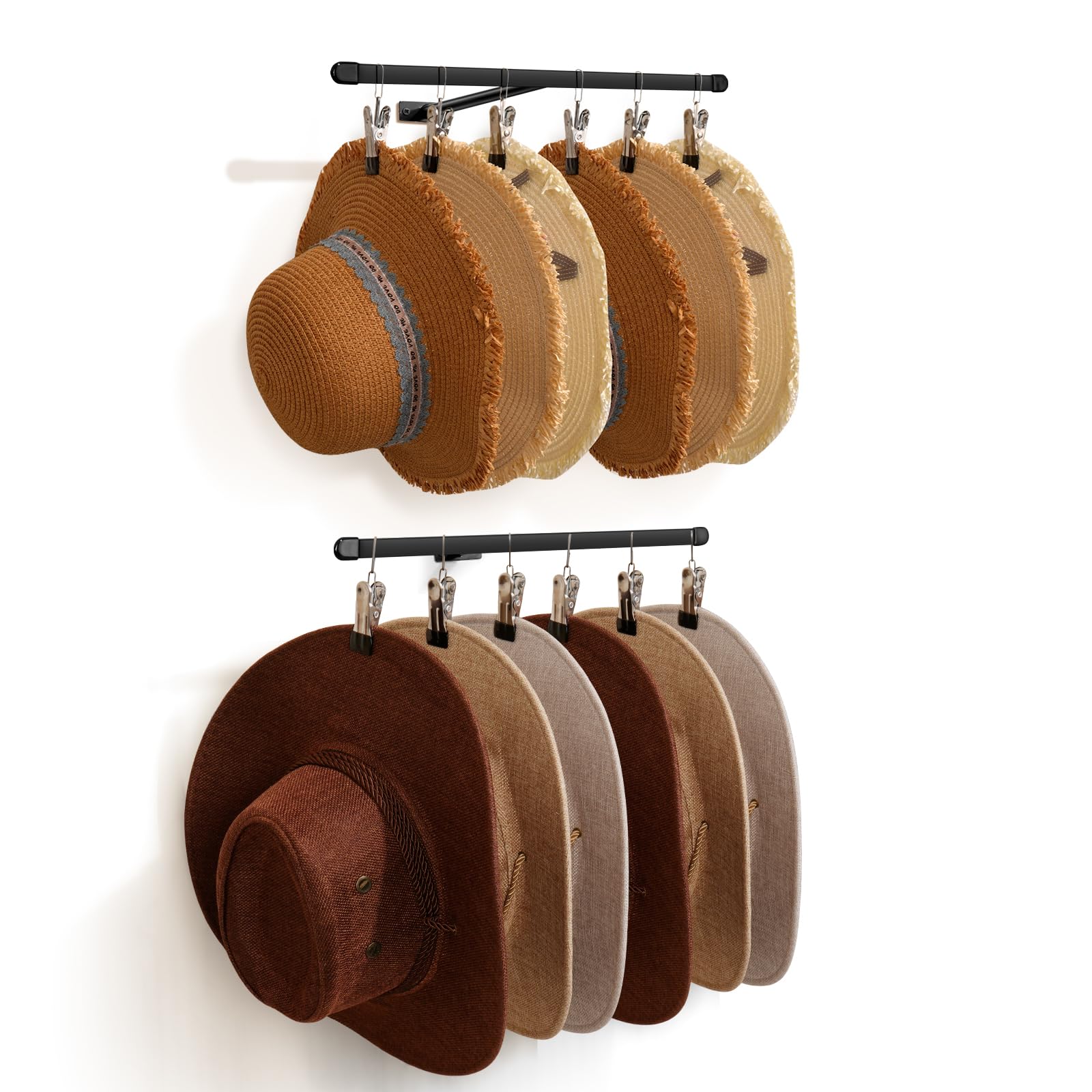Photo 1 of Hat Rack Organizer for 12 Cowboy Sun Wide-brim Hats Wall Mount, Metal Bucket Baseball Caps Winter Beanies Hanger for Closet Entryway Living Room Bedroom Holder for Large Hat 12 Clips Black 2 pics