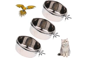 Seutmrou 3 Pcs Bird Feeder Bowls, Stainless Steel Bird Feeding Dish Cups, Parrot Food Bowl Cage, Birds Bowls, with Clamp, Det