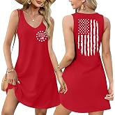 DUTUT Women 4th of July Dresses Patriotic American Flag Sleeveless Shirt Dress Stars Stripes V Neck Tank Sundress
