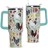 Nqhsionv Chicken Tumbler with Handle and Straw 40 oz Chicken Floral Cup Rooster Coffee Travel Mug Stainless Steel Insulated Water Bottle Chicken Stuff Decor Gifts for Women