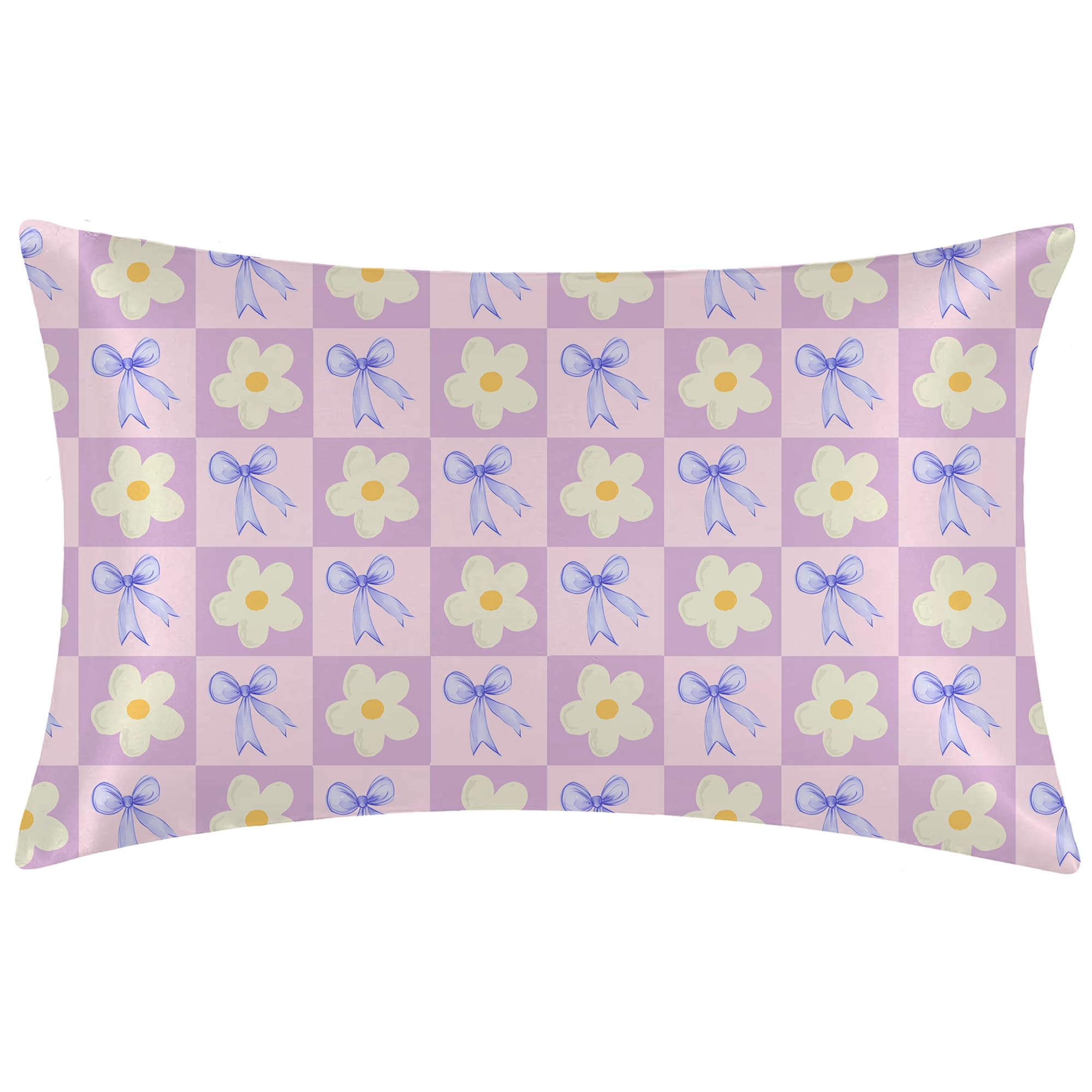 Photo 1 of 1 Pack Satin Pillowcase Checkered Flowers and Bows Similar to Silk Pillow Cases, 20" x 26" Soft Smooth Breathable Cool Pillow Cases for Hair and Skin, with Hidden Zipper, Standard Size