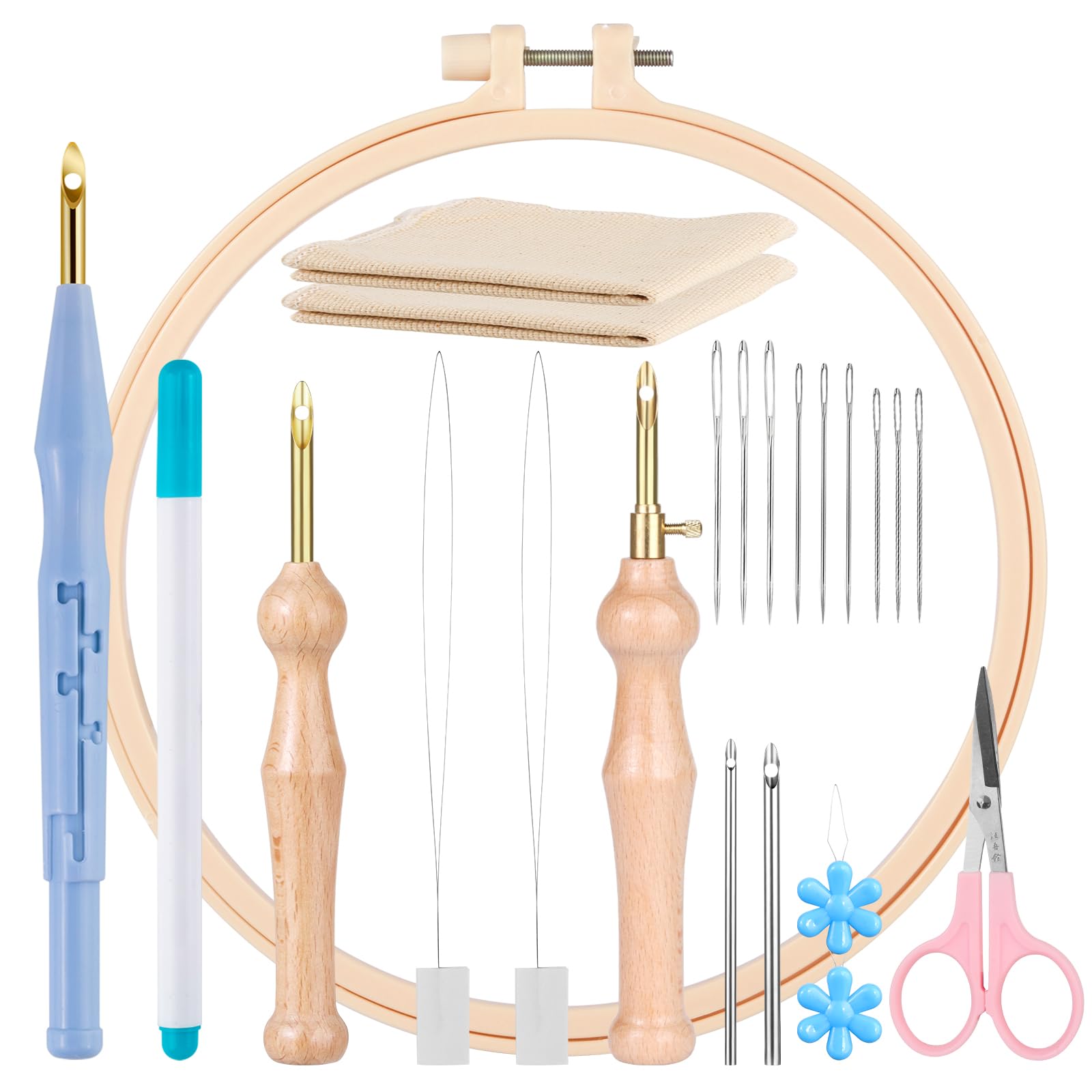 MSDADA 21 Pcs DIY Punch Needle Kit, Adjustable Rug Yarn Set, Wooden Handle Pens - Embroidery Sewing Cloth Threader Tools(Blue) — image 1