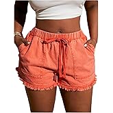 GORGLITTER Women's Plus Size Jean Shorts Frayed Raw Hem Drawstring Straight Leg Casual Summer Cute Denim Shorts