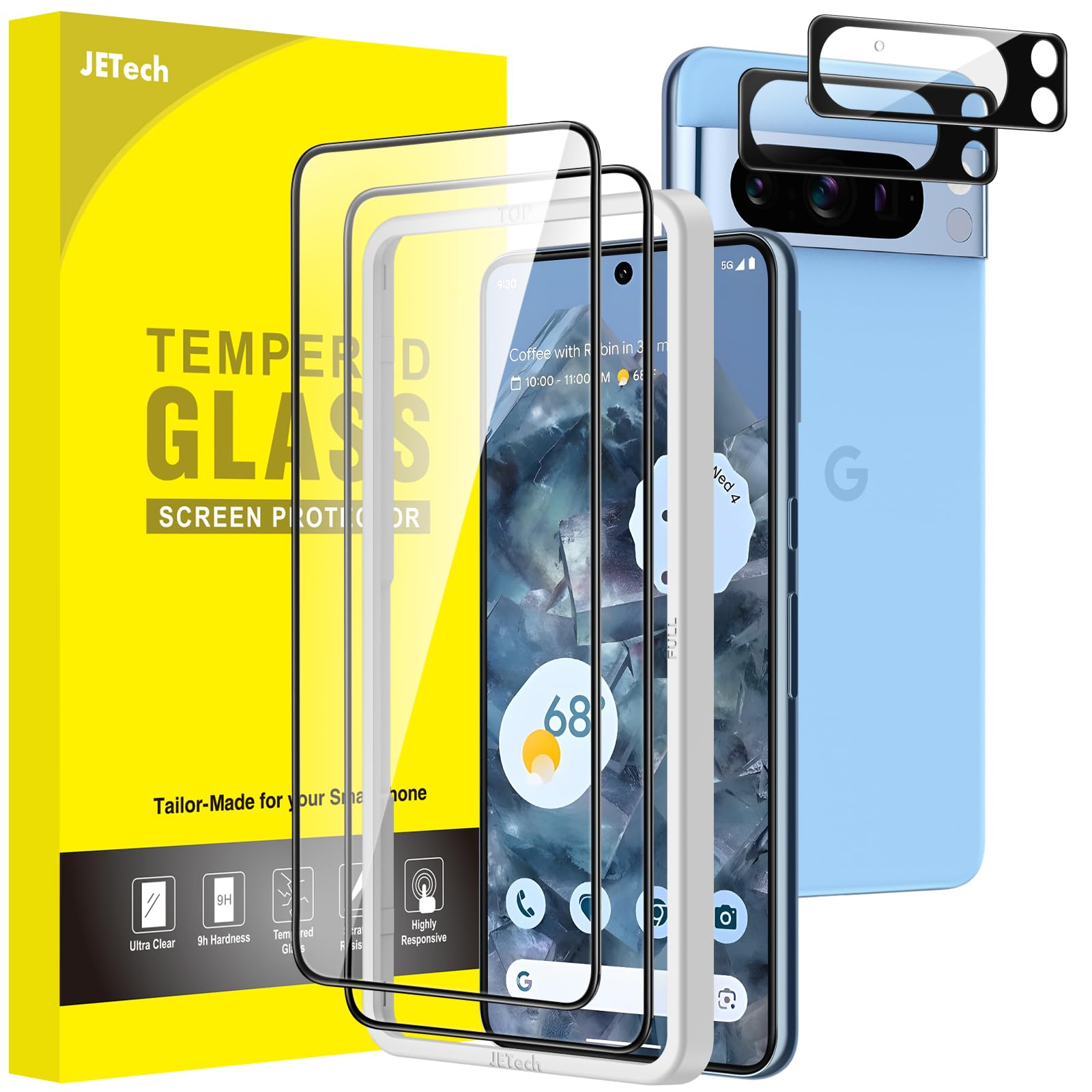 Photo 1 of JETech Full Coverage Screen Protector for Google Pixel 8 Pro with Camera Lens Protector, Tempered Glass Film, Easy Installation Tool, Fingerprint ID Compatible, HD Clear, 2-Pack Each