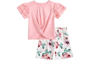 MKSODOPY mksodop Girls Clothes 2-Piece Teen Girls clothes Lace Hollow Short-Sleeved Twist T-Shirt And Floral Short Girl Summer Outfits