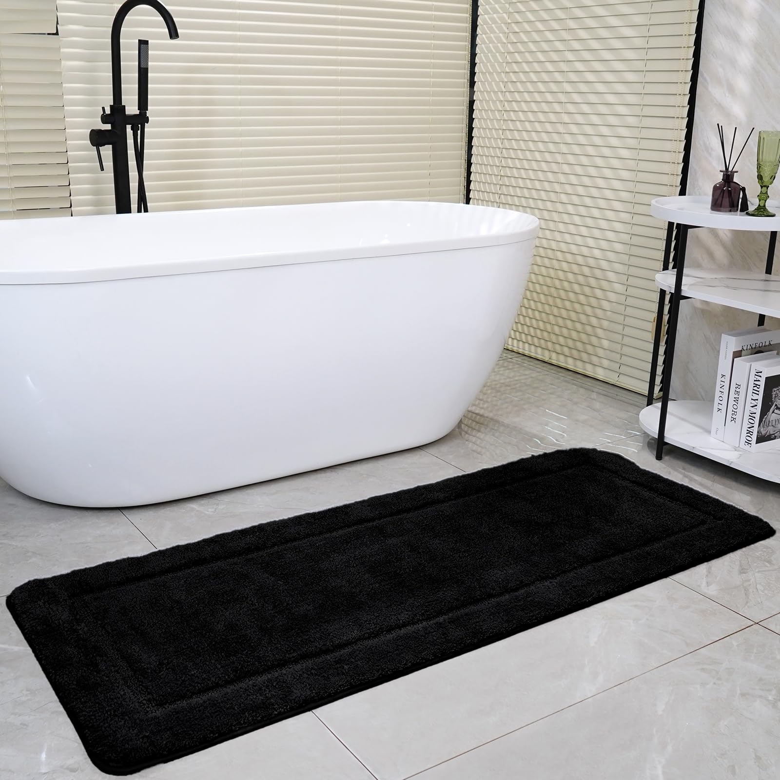 SOANNY Black Bath Mat Only, Non-Slip Soft Microfiber Machine Washable Bathroom Carpet Water Absorbent, High Density Large Fluffy Bathtub Shower Runner Rugs for Door Entrance, Kitchen, 60x150 cm