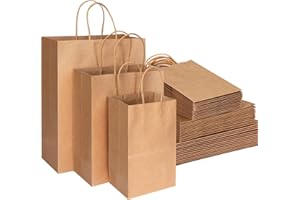TOMNK 45pcs Small Gift Bags with Handles, (8/10/12.6 Inch) 15 Per Size Assorted Sizes Plain Gift Bags Bulk Kraft Paper Bags for Small Business, Shopping Bags, Party Bags