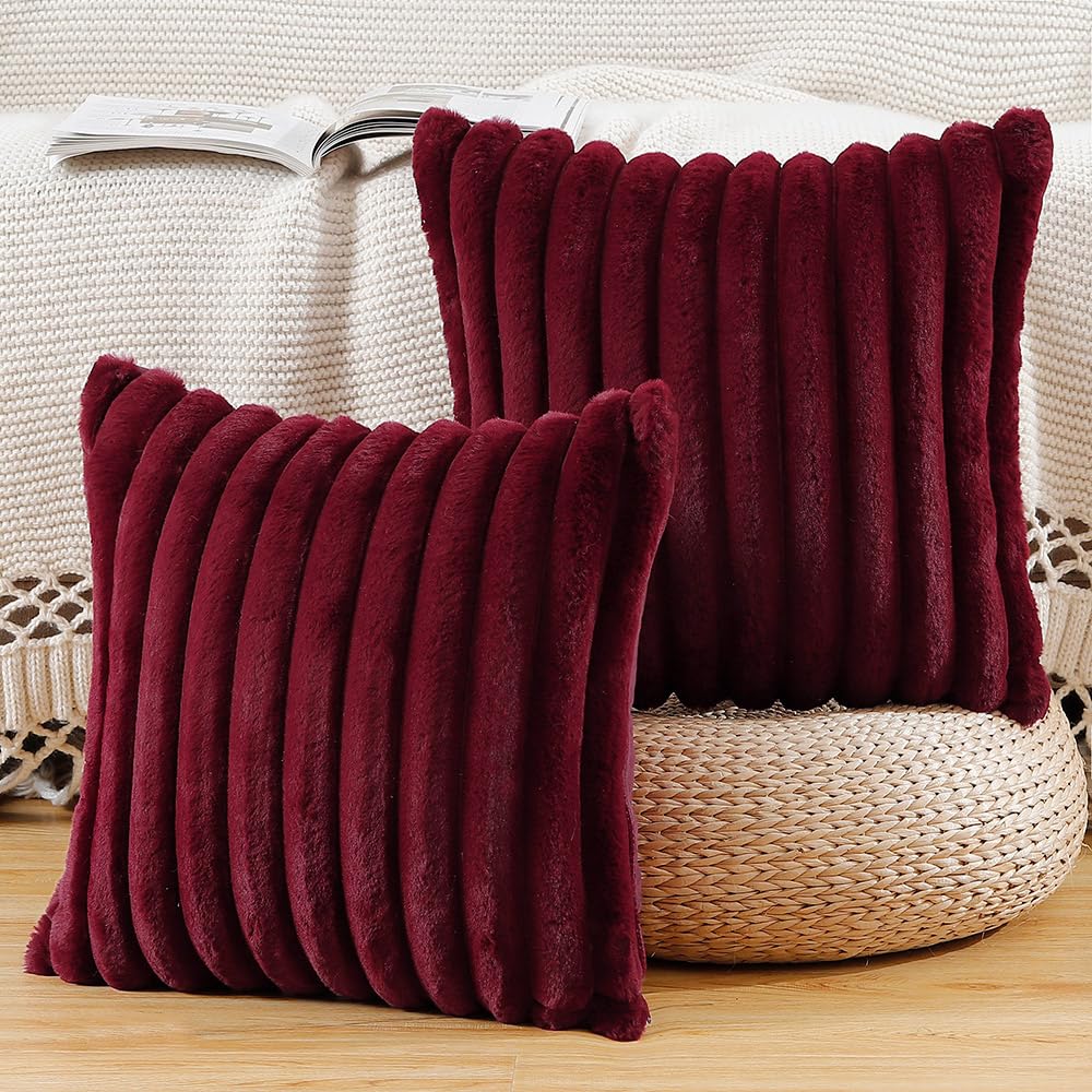 Madizz Set of 2 Faux Fur Decorative Cushion Covers 20x20 inch, 50x50 cm, Burgundy Soft Couch Throw Pillows for Bed Modern Pillowcases for Sofa Livingroom Home Decor — image 1