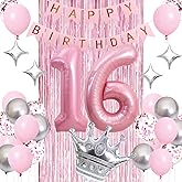 Sweet 16th Birthday Decorations Pink, Happy Birthday Decorations for Girls Pink Silver Balloons Number 16 Balloons,Fringe Curtain, Crown Balloon, Star Balloon for Her Girl 16th Birthday Princess Party