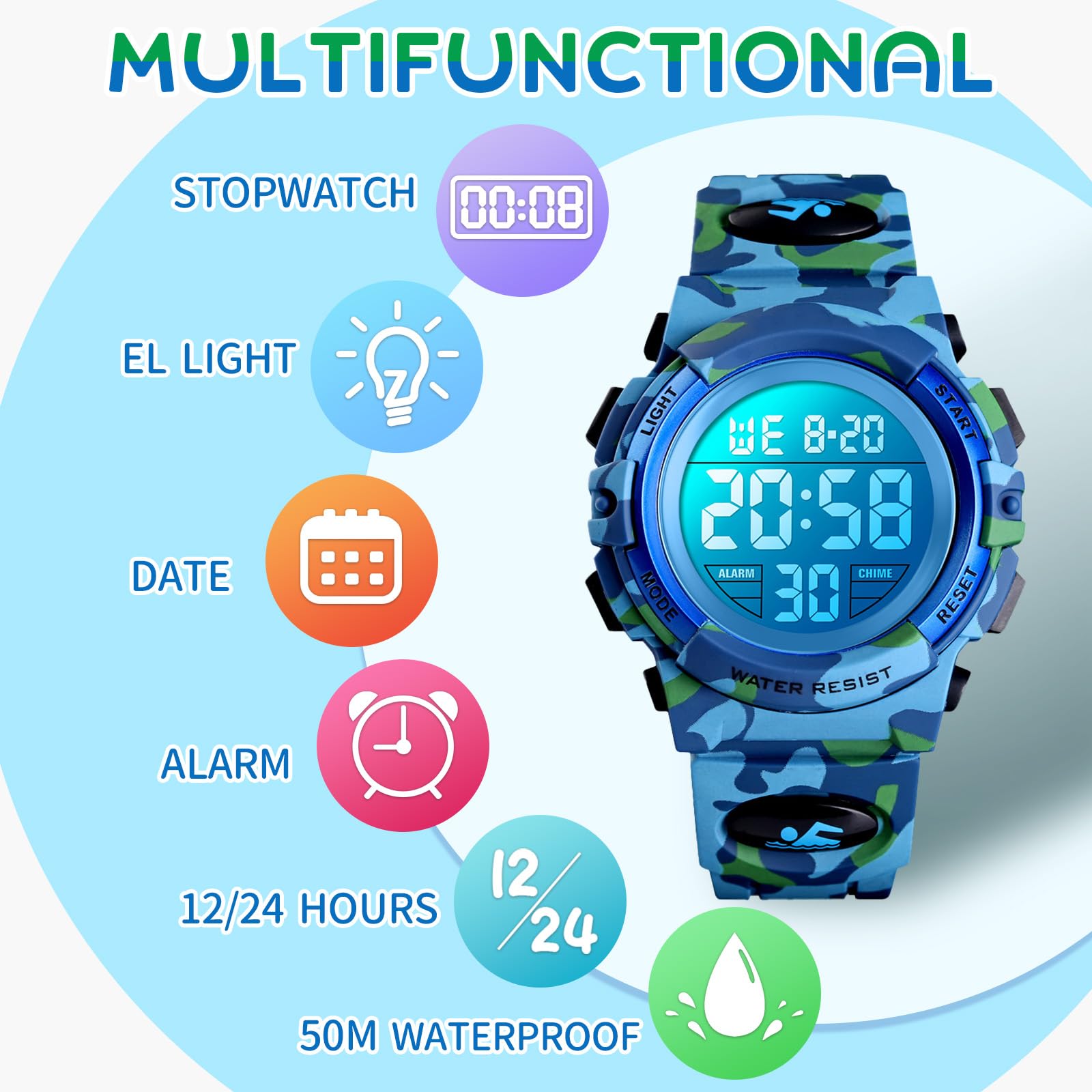 Dayllon Kids Digital Watch Boys Outdoor Sports 50M Waterproof Girls Watches Alarm Clock 12/24 H Stopwatch Calendar for Ages 3-15 Boy Girl Wristwatch Kids Gift