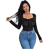 GORGLITTER Women's Bow Shirts Cute Long Sleeve Fitted Tops Bowknot Square Neck Spring Trendy T Shirts 2026
