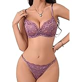yaoyuery Sexy Floral Lace Lingerie Set Underwire Bra and Thong No Padding Bras and Panty Sets Exotic 2 Piece