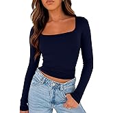 TiulZial Long Sleeve Shirt for Women - Square Neck Going Out Top Double Lined Tight T Shirts
