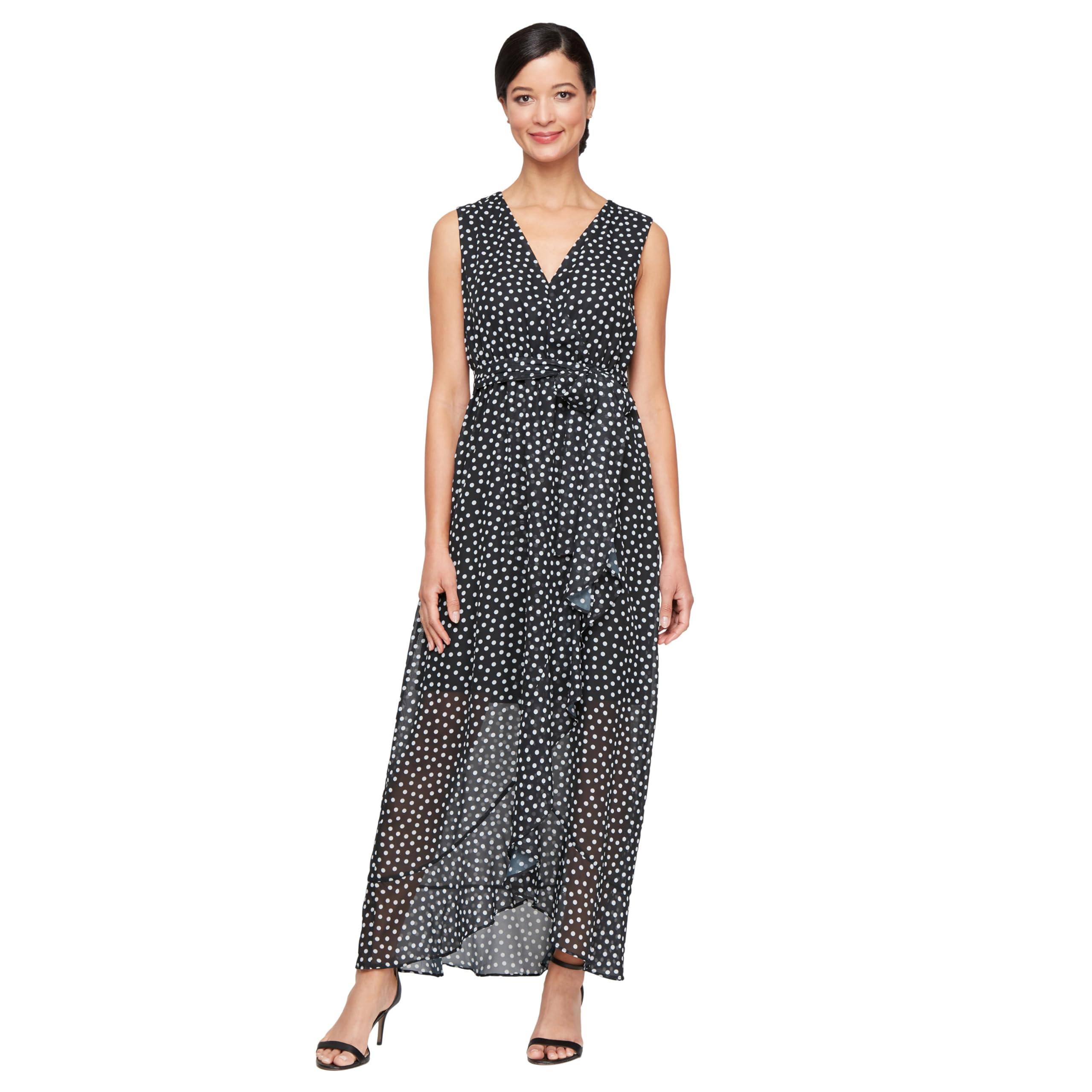 S.L. Fashions Women’s Sleeveless Chiffon Wrap Dress with Cascade Ruffle, Perfect for Spring/Summer, Casual or Wedding Guest, Black/White, 8