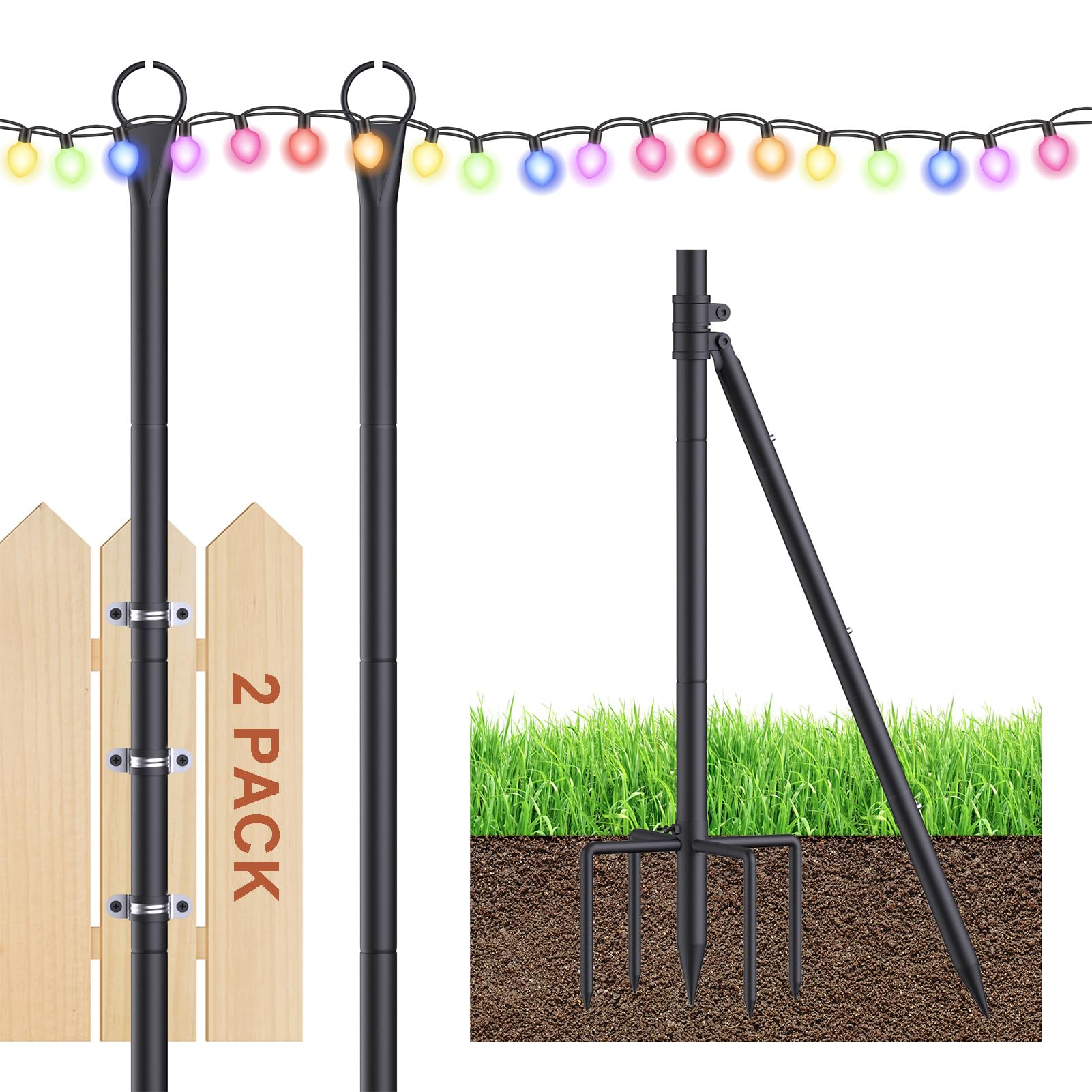 String Light Poles 4-Pack – 17-Inch Patio Light Poles With Screw Mount & Hook, Iron, Multipurpose For Festoon Lights, Shade Sails, Outdoor Decor