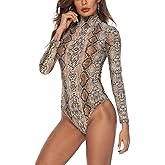 Queen.M Women's Basic Solid Bodysuit Turtleneck Leotard Top Long Sleeve Bodycon Jumpsuit Stretchy Romper
