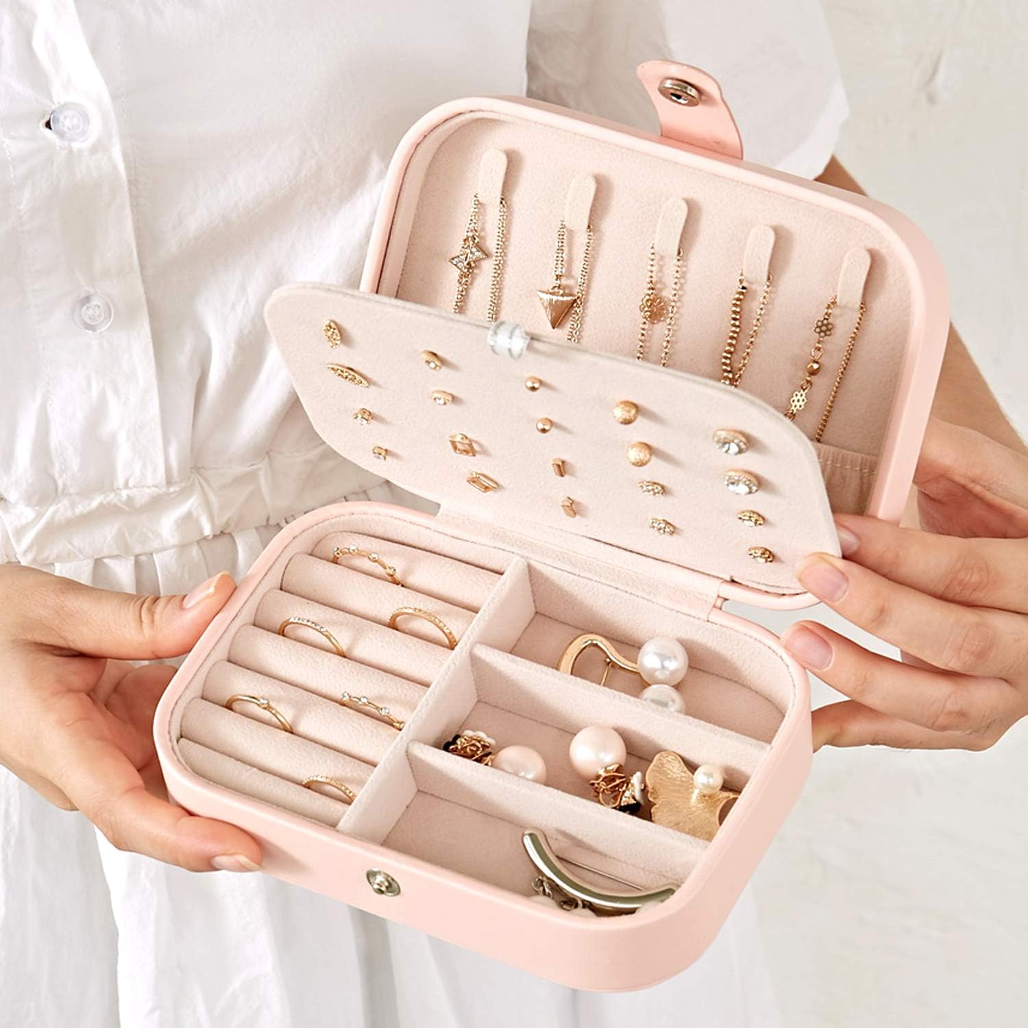 Jewelry Box for Women, Portable Double-Layer Jewelry Storage Box, Earrings, Rings, Necklaces, Bracelets, PU Leather Compact Portable Jewelry Suitcase, Pink Jewelry Box: Home Improvement