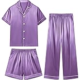 Weixinbuy Girls Pajamas Set Button Down Short Sleeve Pjs Satin Pajamas Sleepwear Lounge Set 3Pcs Pjs for Teen Kids Girls Boys