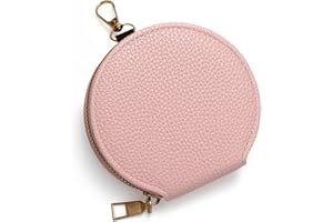SENCCO Women’s Small Coin Purse, Vintage Zipper Change Purse, Pocket-Sized, Solid Color, Round Coin Bag with Keychain - Pink