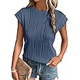 EVALESS Womens Short Sleeve Textured Tops Crewneck Knit Solid Loose Casual Basic T Shirts Tee Blouses
