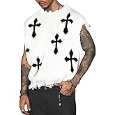 Verdusa Men's Sweater Vest Cross Print Ripped Y2k Sweaters Vintage Sleeveless Knit Tops Streetwear
