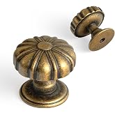 Yanxia Antique Brass Cabinet Knobs, 1.25 Inch, 12 Pack, Floral Design | Zinc Alloy Build, Rustic Relief, Kitchen Drawers Dressers Vanities Cupboards, M4 Screws Included, Round Profile Grip