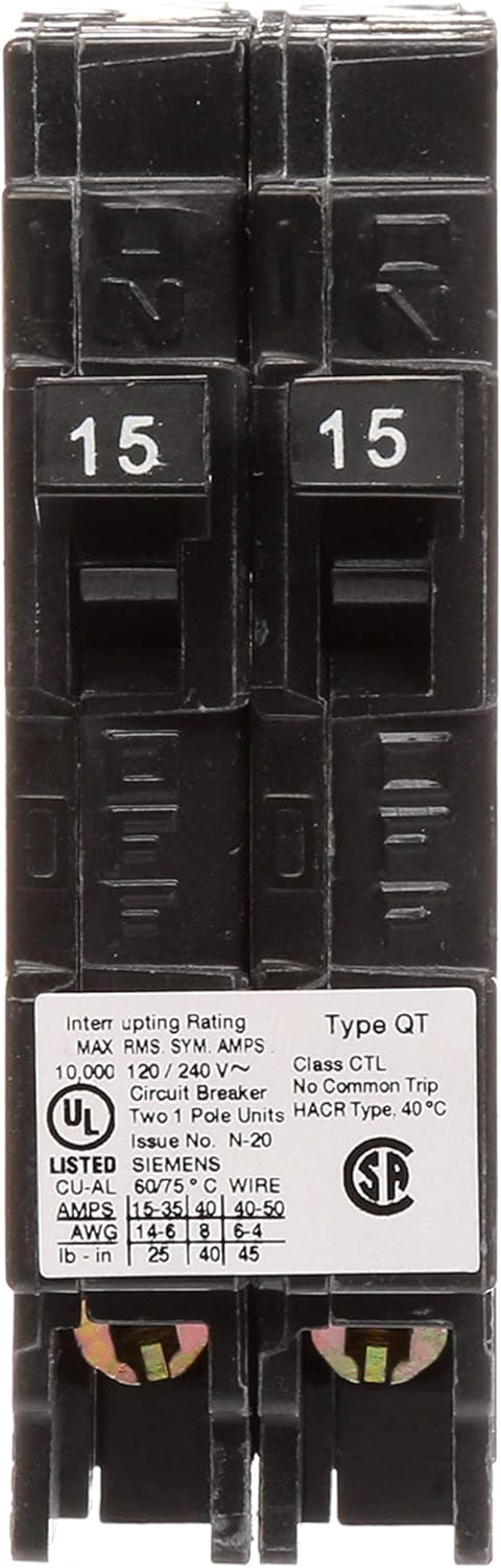 SIEMENS Parallax Power Components ITEQ1515 15 Amp Duplex Circuit Breaker, Black - - 