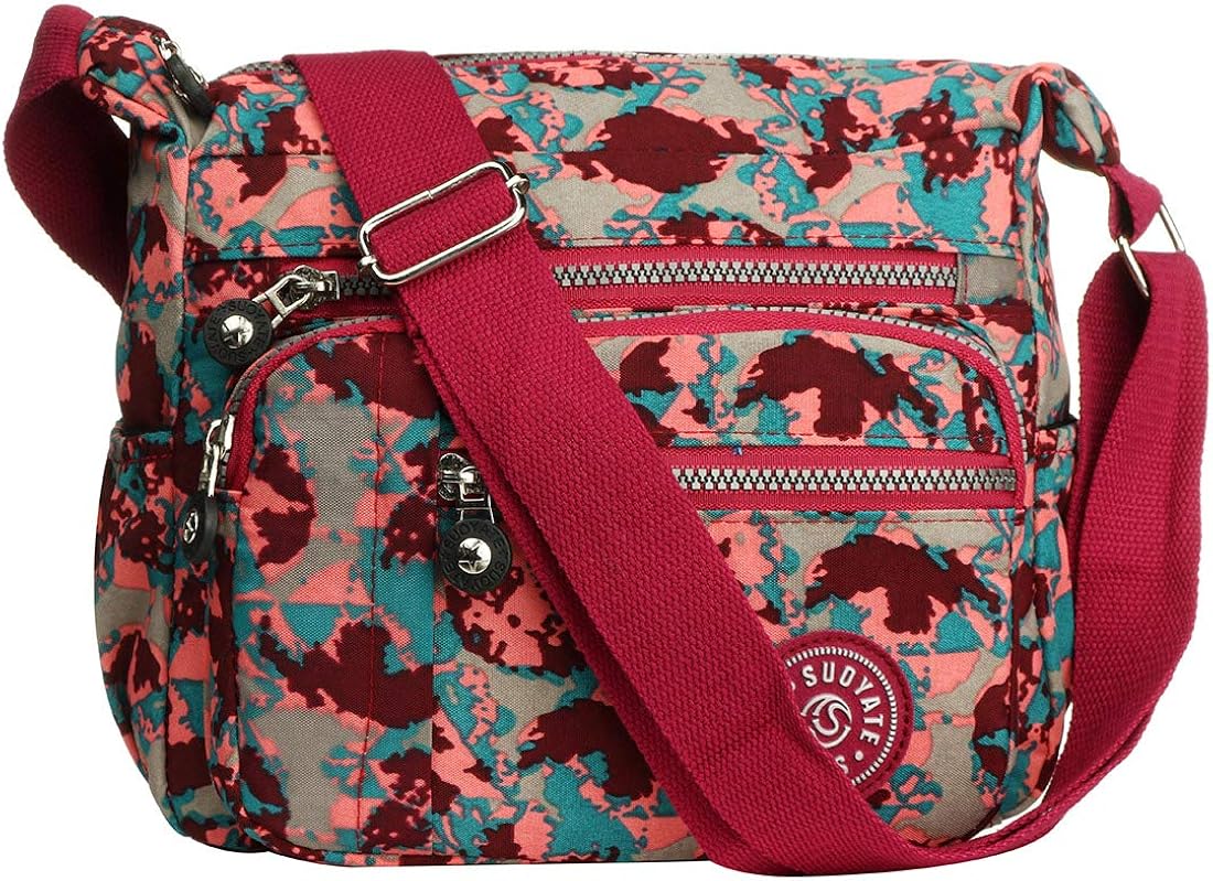 Womens Multi Pocket Casual Canvas Crossbody Bag Travel Purse Messenger Handbag for Shopping Hiking Daily Use (Camo red)