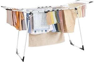 SONGMICS Clothes Drying Rack Foldable, Gullwing Laundry Drying Rack, Space-Saving, 22.2 x 68.1 x 38 Inches, Sock Clips, Metal