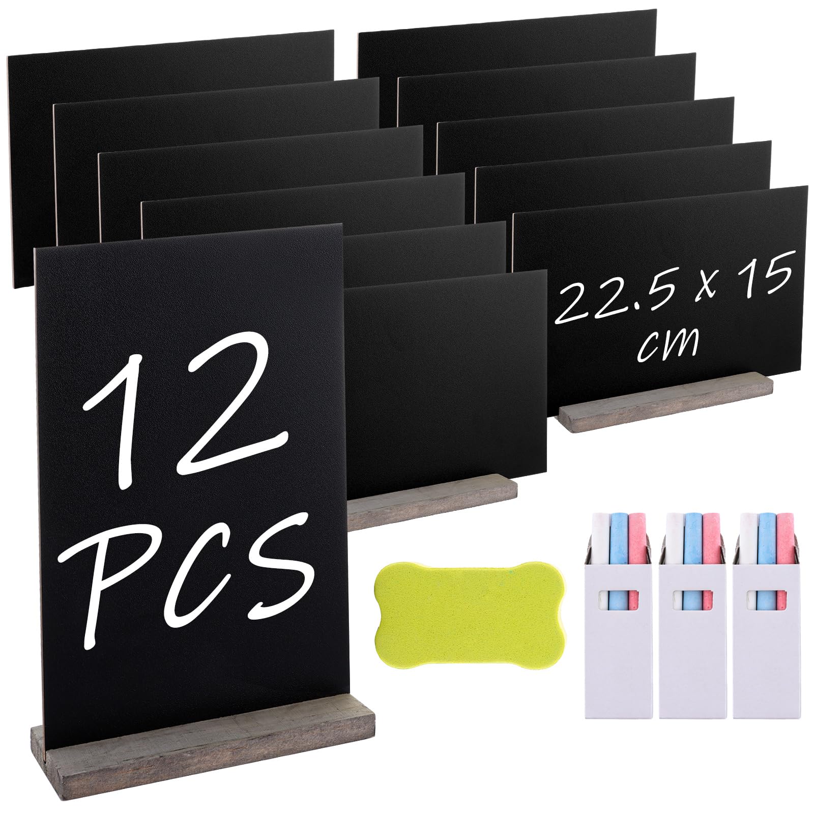 12 Pcs Mini Chalkboard Signs, 23 x 15 cm Small Chalk Boards with Stands, Double-Sided Mini Blackboard Signs with Eraser & Chalks, Small Blackboard Signs for Table Place Cards Event Decoration โ image 1