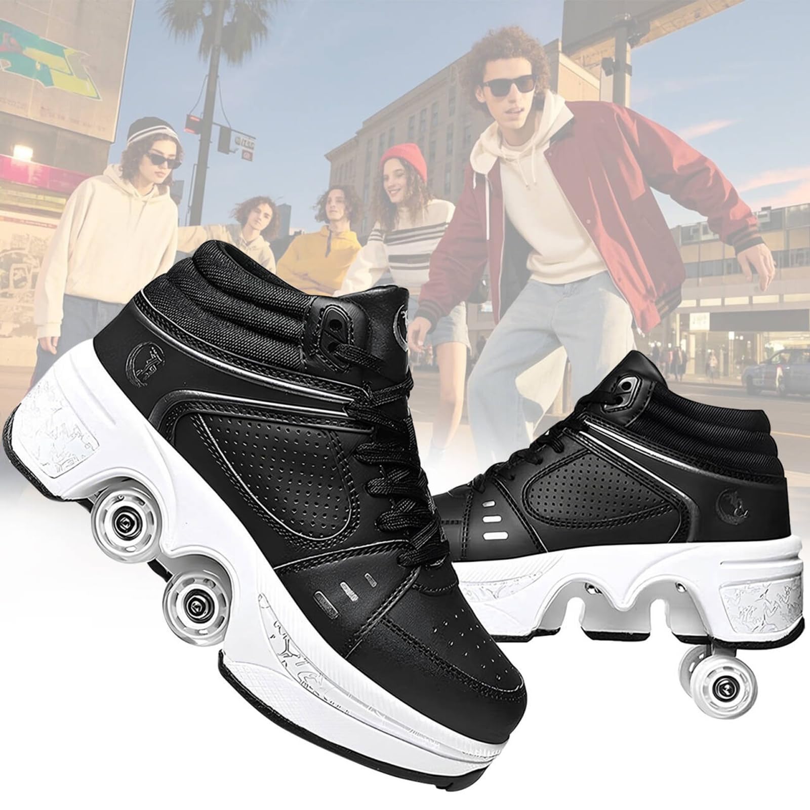 Rollerskates womens,Quad Kick Roller Skates for kids,LED Inline Skates Deformation Trainers for Adults Beginners,Sneakers with Invisible Wheel for boys (B, UK-4.5)