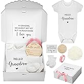 Shyyween 7 Pcs Pregnancy Announcements for Grandma Surprise Baby Announcement Gifts Set Include Bodysuit Pregnancy Reveal Card Socks Ribbon Wood Sign Coming Soon Baby Reveal Ideas for Grandparents