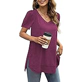 JomeDesign Summer Tops for Women Short Sleeve V Neck Shirts Side Split Loose Casual Tunic Tops