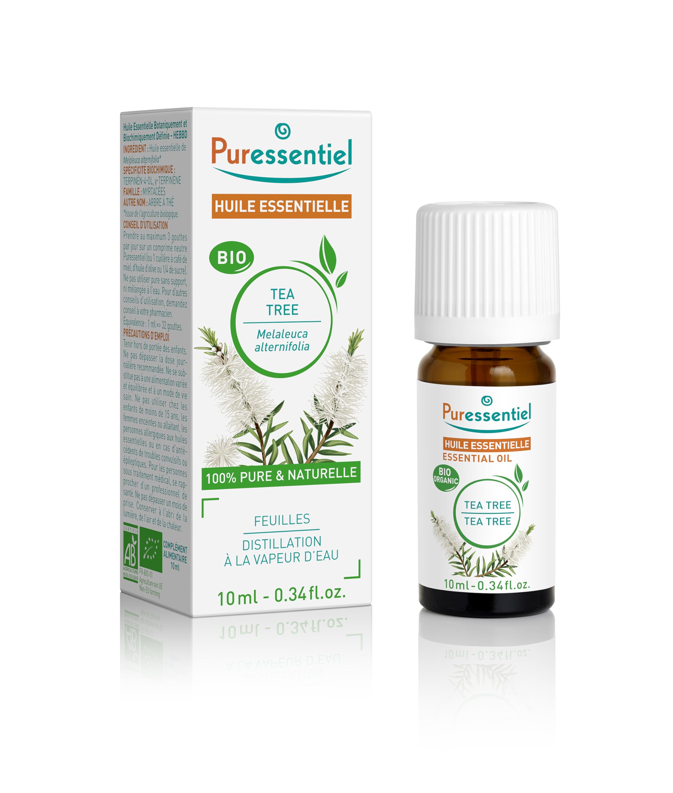 Puressentiel Organic Tea Tree Essential Oil 10ml - 100% Pure & Natural, Vegan - Aromatherapy - Massage & Bath – Fresh & Camphor-Like Fragrance - Undiluted, Assured traceability