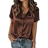Zeagoo Satin Blouses for Women Silk Button Down Shirts Short Sleeve Business Casual Tops