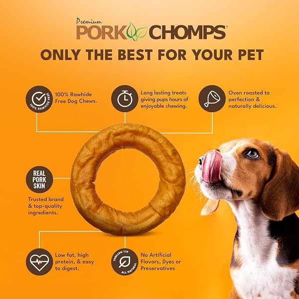 PORK CHOMPS ROASTED PORK SKIN DOG CHEW, 6-INCH BAGEL, 1 COUNT