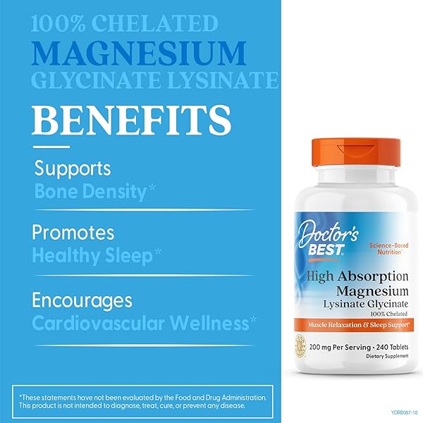 DOCTOR’S BEST HIGH ABSORPTION MAGNESIUM GLYCINATE LYSINATE, 100% CHELATED, NON-GMO, VEGAN, GLUTEN & SOY FREE, 200 MG, 240 COUNT