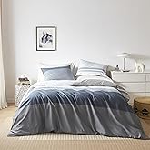 YuHeGuoJi Teal Blue Geometric Duvet Cover Queen 100% Cotton 3 Pcs Set 1 White Gray Striped Duvet Cover with Zipper Ties 2 Pillowcases Fall Winter Grey Pinstripe Bedding Set Soft