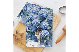 Blue Hydrangea Kitchen Towels, Cute Cat Dish Cloths for Kitchen Washing Dishes, Hand Towel for Bathroom Home, Soft Microfiber