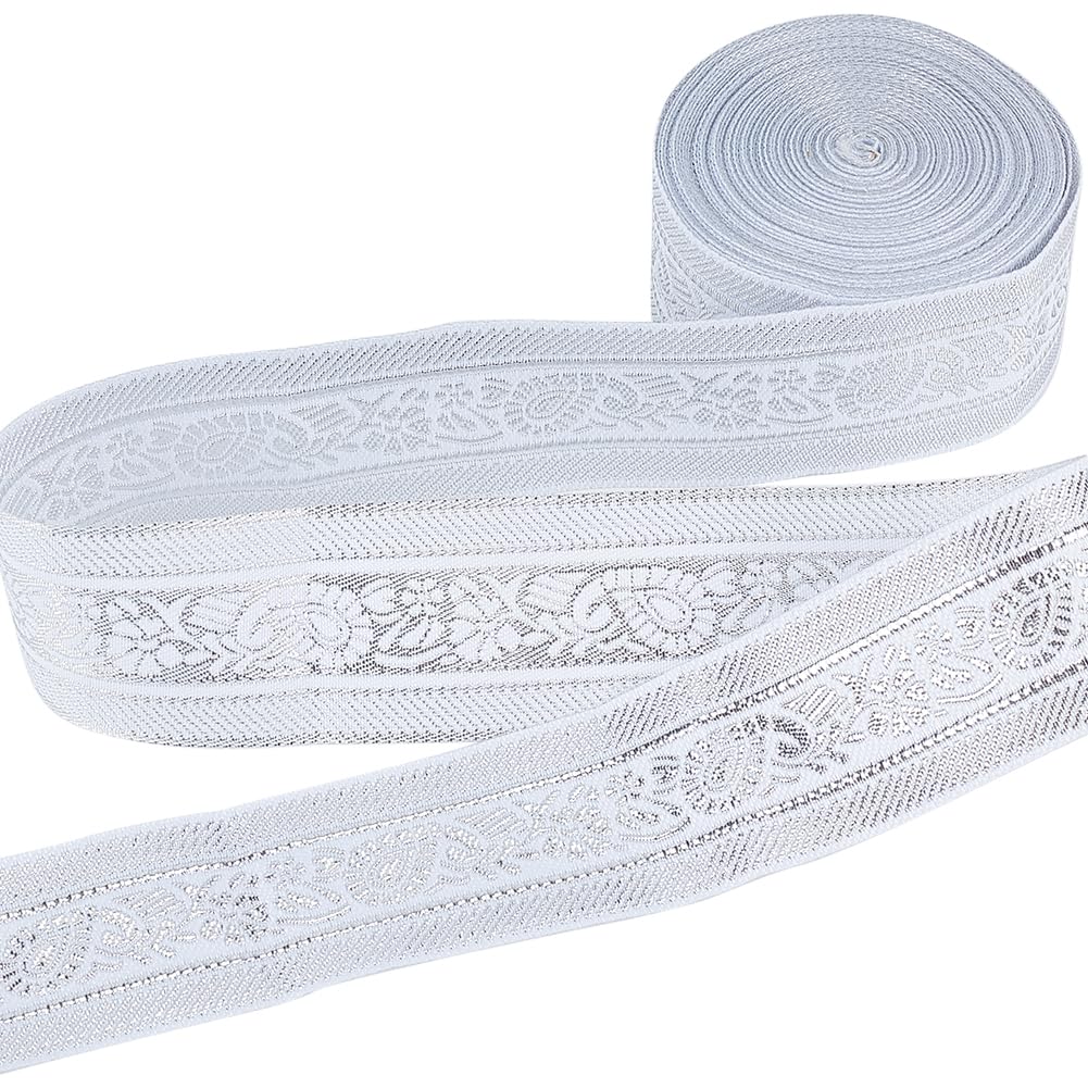 GORGECRAFT 7m Jacquard Tyrolean Ribbon Ethnic 33mm White Glitter Metallic Trim Floral Woven Embellishment for Diy Sewing Accessories Gift Wrapping Handmade Bag Making Craft Pillow Supplies