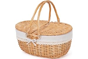 Wicker Picnic Basket with Lid and Handle, 15" Large Empty Picnic Basket with Removable Liner for Picnics, Camping, Outdoor, H