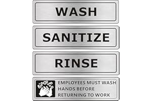 MONGFUN (4 PACK) Wash Rinse Sanitize Sink Labels Signs Stickers with Employees Must Wash Hands Sign, Self-adhesive Waterproof Aluminum Metal Sign for Restaurant Kitchen Sinks (7x2 inch, Brushed Nickel/Black)