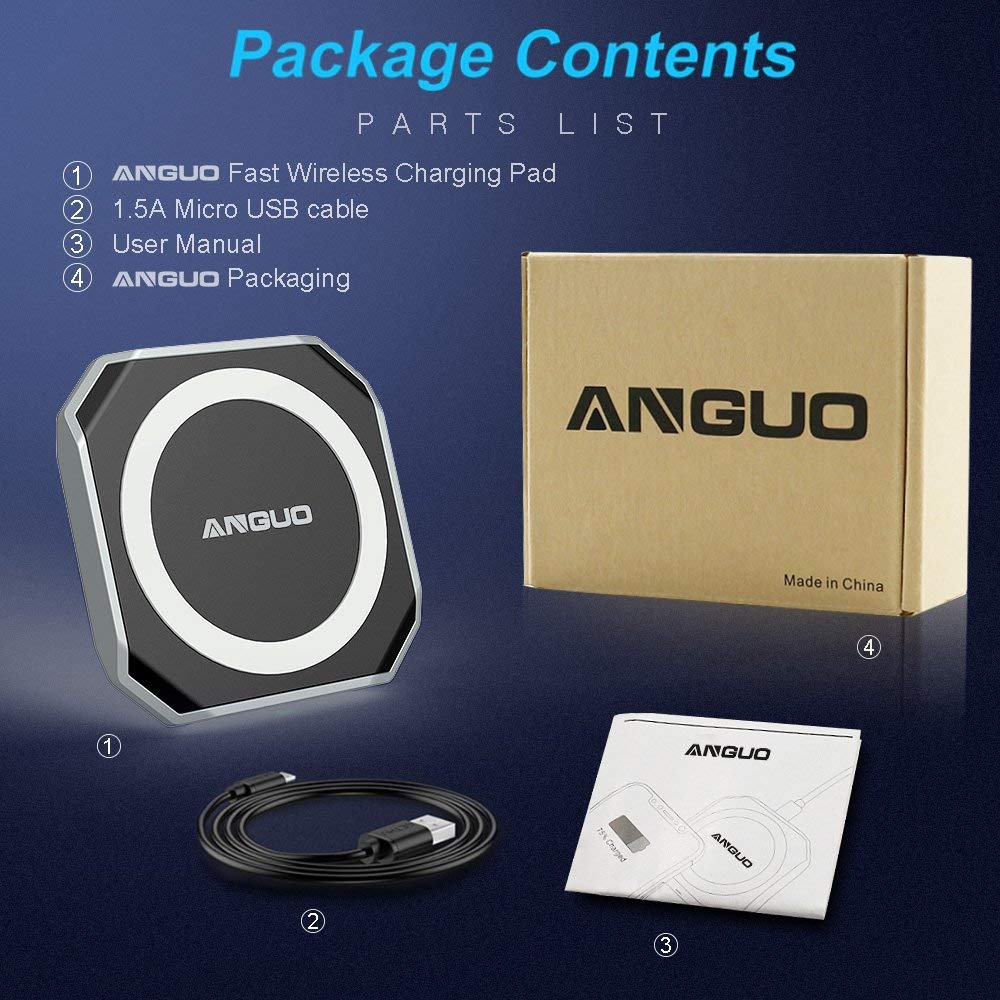 Anguo Wireless Charger, Qi Certified Fast Wireless Charger Charging Pad for iPhone X / 8/8 Plus, Samsung Galaxy S9, S9 Plus and All Qi-Enabled Device（NO AC Adapter）