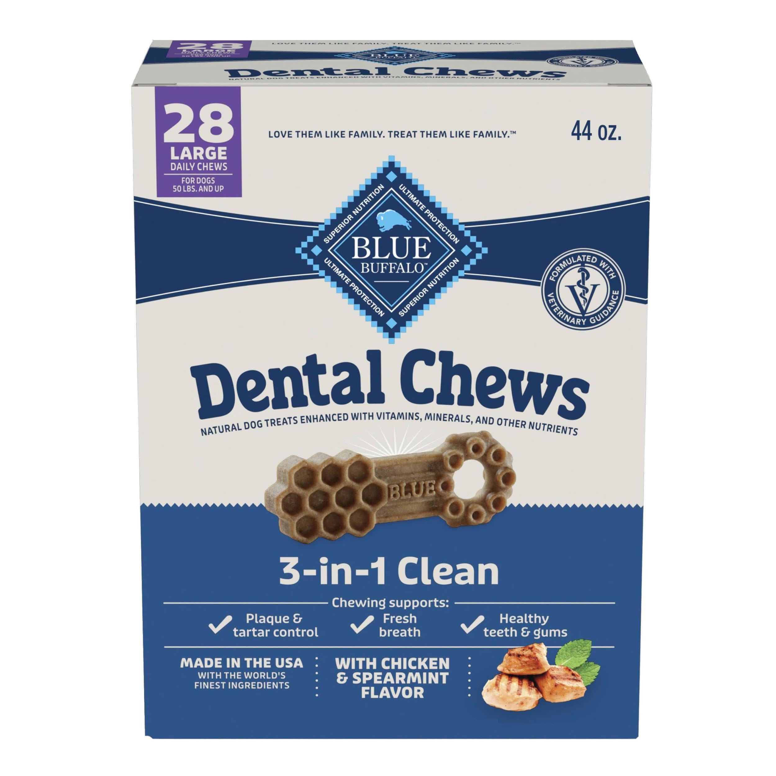 Blue Buffalo Large Dental Chews for Dogs, Daily Dental Care Dog Treats Made in the USA with Natural Ingredients, Chicken & Spearmint (44-oz box, 28 count) Image