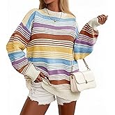 Saodimallsu Womens Striped Sweater Color Block Crew Neck Long Sleeve Fall Colorful Rainbow Knit Loose Pullover Top