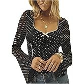 Milumia Women's Polka Dots Mesh Long Sleeve Crop Top Bow Square Neck Going Out Tee Tops
