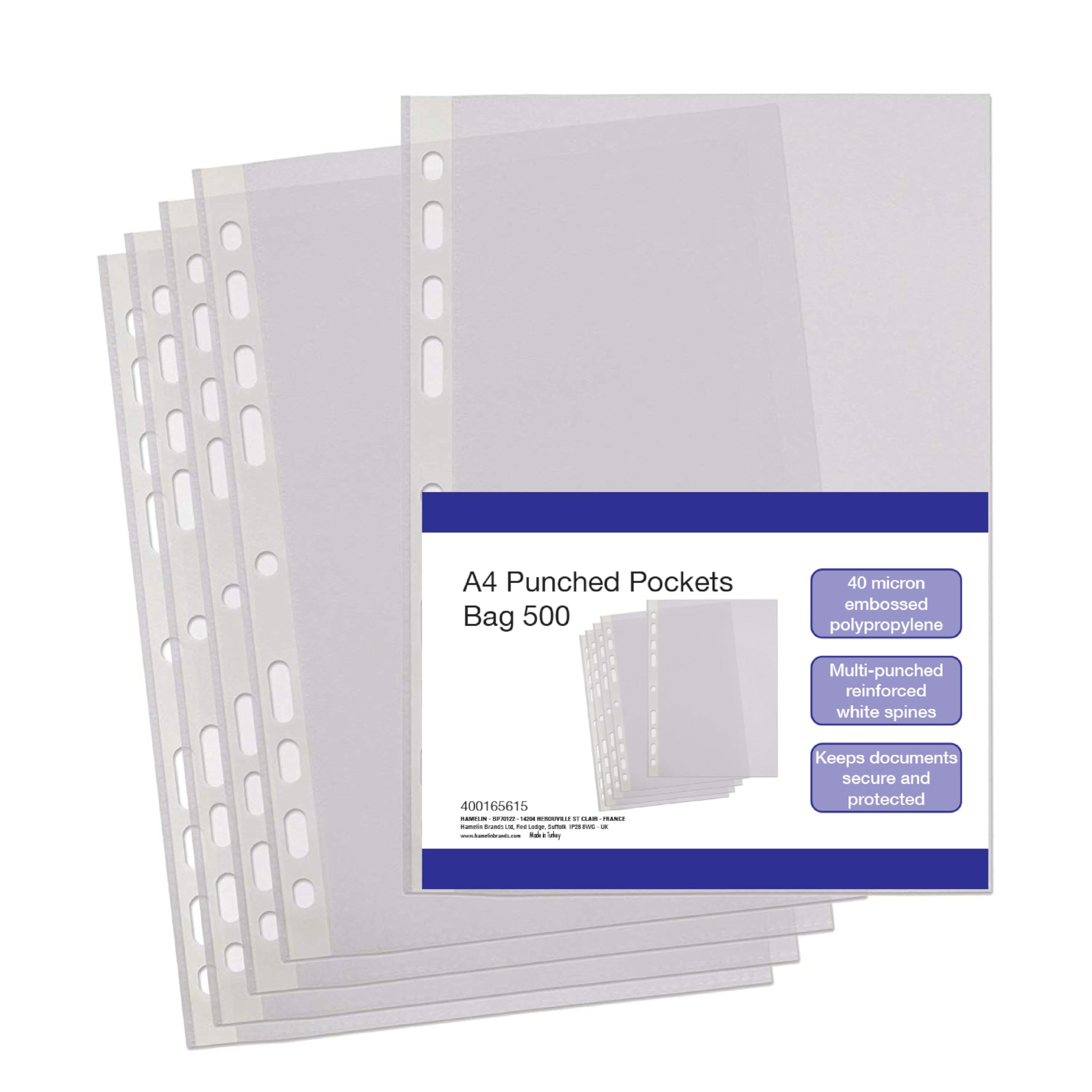 SUMMIT A4 Punched Pockets, 500 Clear Plastic Sleeves, Reinforced Multi-Punched Spine, 40 Microns for Durable Filing