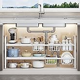 Fliqor Under Sink Organizer，2 Tier Expandable Heavy Duty Metal Shelf，with 5 Removable Panels and 5 Storage Basket for Under Kitchen Bathroom Sink Organizers and Storage(White, Large)