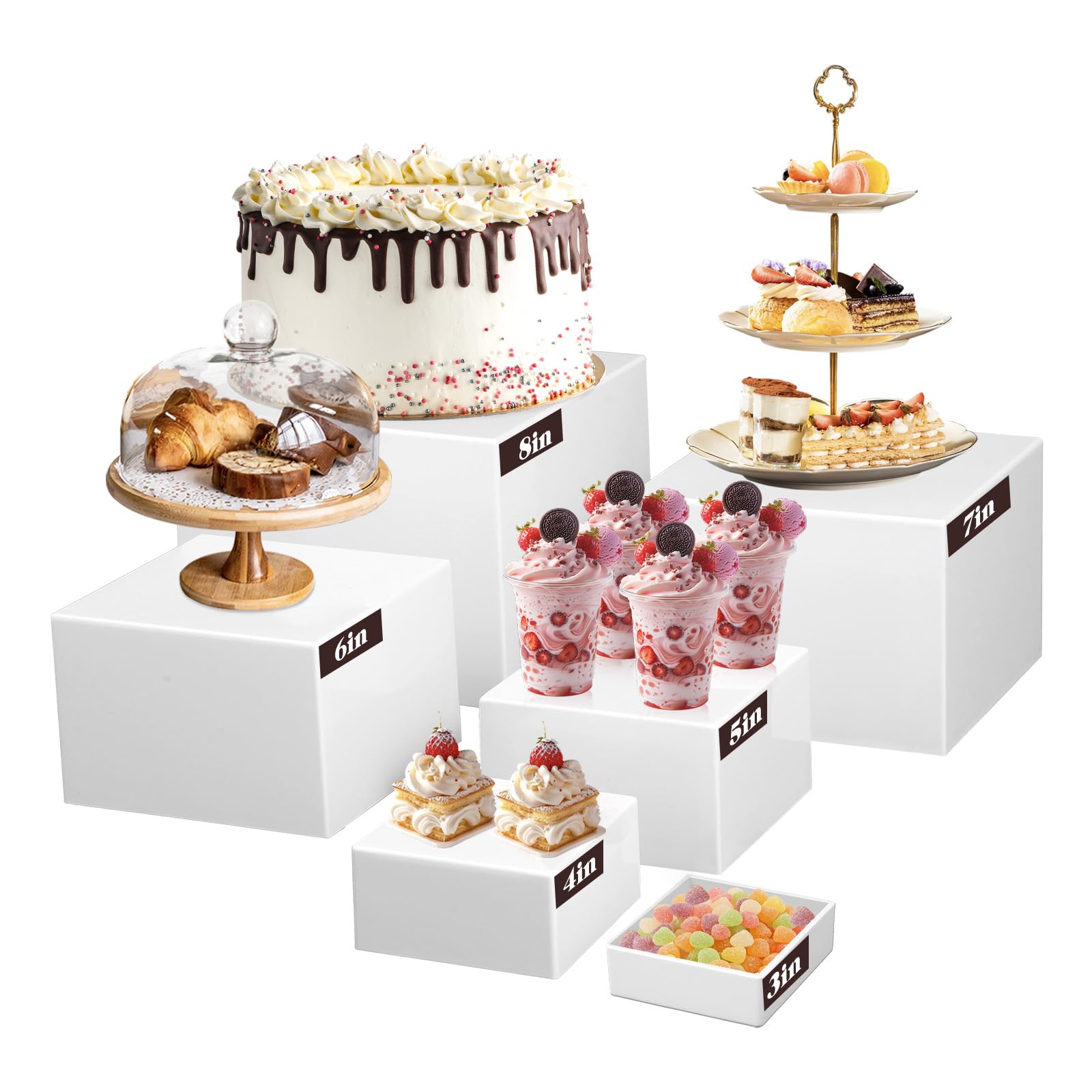 Photo 1 of Cryozeo 6PCS Buffet Risers, Food Risers for Buffet Table, Display Stand Shelf for Party Catering Dessert Collectibles, White Acrylic Nesting Boxes for Food Display (Size 8" 7" 6" 5" 4" 3")