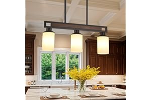 HUONG SON Farmhouse Dining Room Light Fixture, 3-Light Wood Kitchen Island Lighting for Dining Room Over Table, Black Adjustable Pendant Light with Milk Glass Shades, Linear Chandeliers Lighting for Kitchen